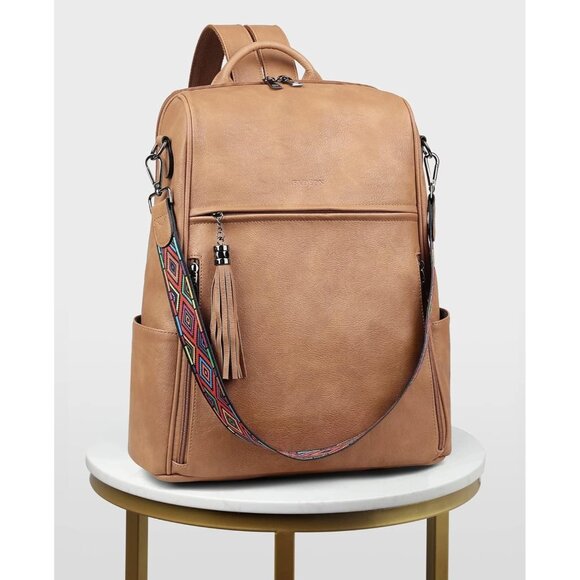 Women Camel Brown Retro Style Backpack Designer 15.6 inch PU Leather Laptop Bag - Picture 7 of 9